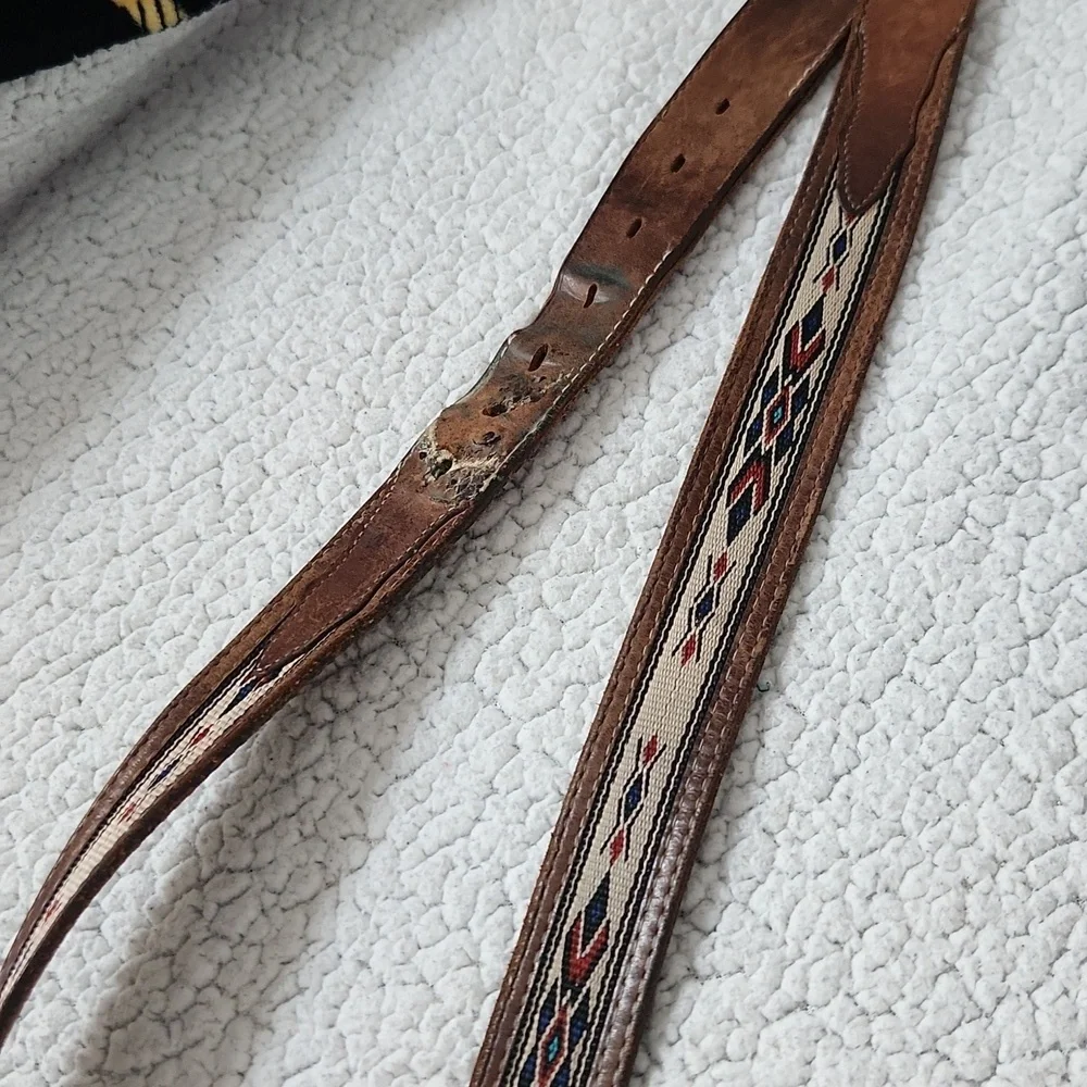 Western Vintage Geuine Tooled Leather Aztec Print Distressed Destroyed Belt
